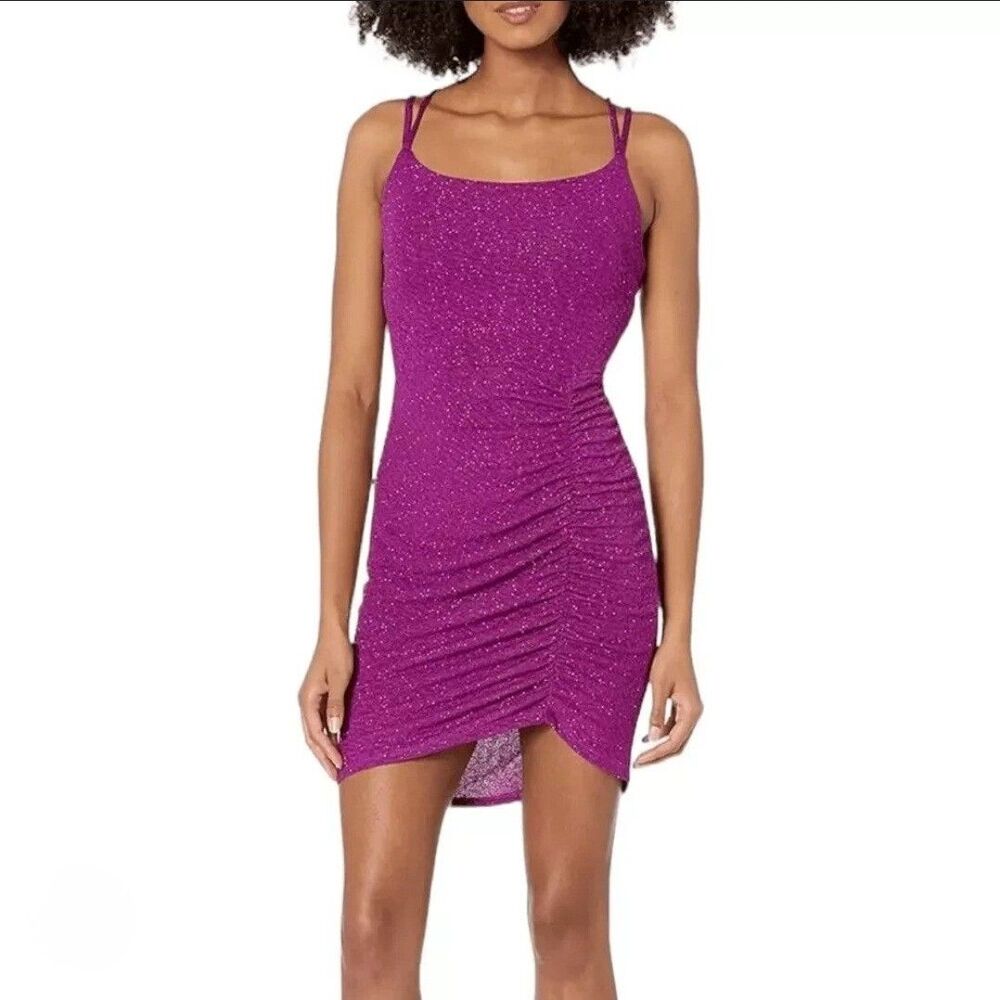 Speechless Mini Dress Womens 5 Purple Ruching Strappy Back Glitter Glitz Glam
